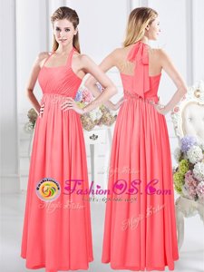 Floor Length Watermelon Red Bridesmaid Dress Halter Top Sleeveless Zipper