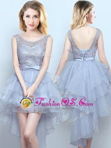 Scoop High Low Lace Up Quinceanera Court of Honor Dress Grey and In for Prom and Party and Wedding Party with Lace and Ruffles and Belt