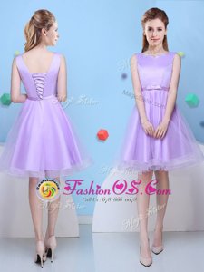 Decent Scoop Sleeveless Tulle Knee Length Lace Up Dama Dress for Quinceanera in Lavender for with Bowknot