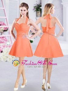 New Arrival Orange A-line Halter Top Sleeveless Chiffon Mini Length Zipper Ruching Wedding Guest Dresses
