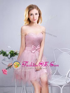 Pink Sleeveless Ruching and Bowknot Mini Length Dama Dress for Quinceanera