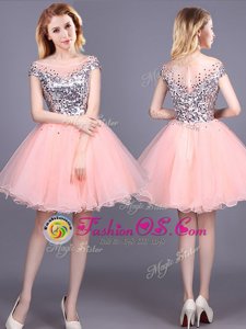 Modern Pink A-line Sequins Dama Dress Zipper Tulle Short Sleeves Mini Length