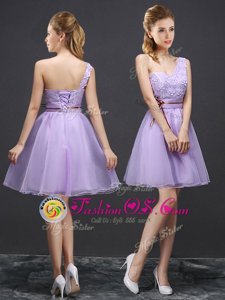 Lavender Lace Up One Shoulder Lace Dama Dress Organza Sleeveless