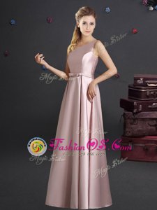 Trendy One Shoulder Floor Length Pink Bridesmaids Dress Elastic Woven Satin Sleeveless Bowknot