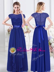 Hot Selling Royal Blue Scoop Zipper Lace and Belt Bridesmaid Dresses Short Sleeves
