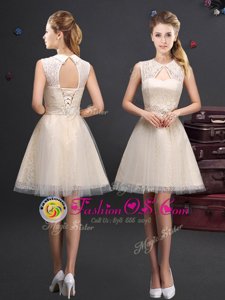 Beauteous Sleeveless Lace and Appliques and Belt Lace Up Bridesmaids Dress