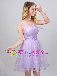 Scoop Lavender A-line Lace and Appliques and Belt Court Dresses for Sweet 16 Lace Up Tulle Sleeveless Mini Length