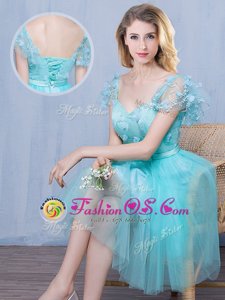 High Class Tulle Sweetheart Short Sleeves Lace Up Lace and Appliques and Bowknot Bridesmaid Gown in Aqua Blue