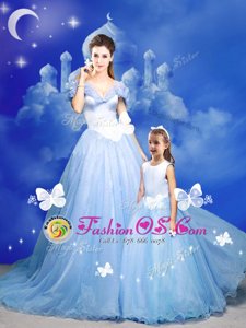 Trendy Light Blue A-line Tulle Off The Shoulder Sleeveless Beading and Bowknot and Hand Made Flower With Train Zipper Quinceanera Dress Court Train