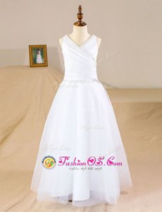 High Quality Tulle V-neck Sleeveless Zipper Beading Flower Girl Dresses in White