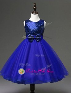 Royal Blue Scoop Neckline Sequins and Bowknot Flower Girl Dresses for Less Sleeveless Zipper