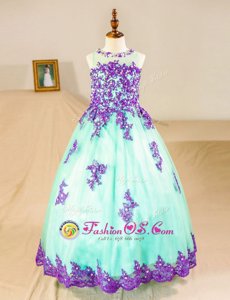 Perfect Turquoise Scoop Neckline Beading and Lace and Appliques Flower Girl Dresses for Less Sleeveless Zipper