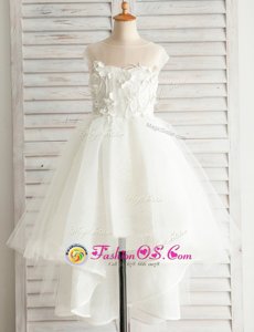 Latest Scoop White Short Sleeves High Low Appliques Zipper Flower Girl Dress
