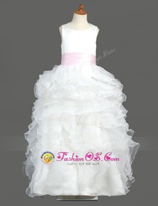 Ideal Scoop White Column/Sheath Ruffled Layers Flower Girl Dresses for Less Zipper Organza Sleeveless Floor Length