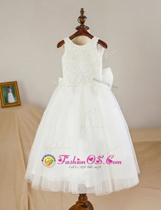 A-line Toddler Flower Girl Dress White Scoop Tulle Sleeveless Floor Length Zipper