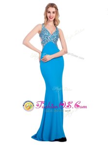 Spectacular Baby Blue Clasp Handle V-neck Beading Dress for Prom Silk Like Satin Sleeveless
