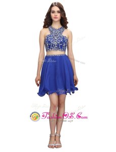 Dazzling Scoop Knee Length Criss Cross Prom Dresses Royal Blue and In for Prom and Party with Beading