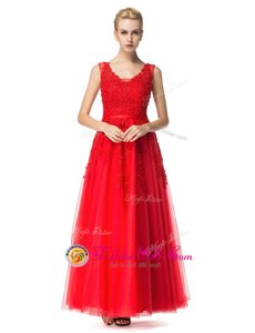 Sleeveless Lace Up Floor Length Beading and Appliques Evening Dress