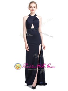 Halter Top Backless Elastic Woven Satin Sleeveless With Train Prom Evening Gown Brush Train and Beading