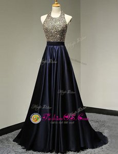 Elegant Halter Top Navy Blue Sleeveless Satin Brush Train Backless Prom Party Dress for Prom and Party