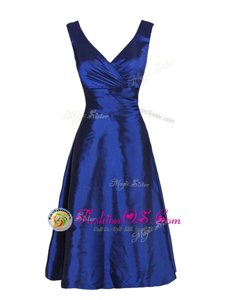V-neck Sleeveless Evening Dress Knee Length Sashes|ribbons Navy Blue Satin
