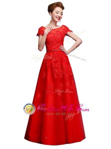 Shining Floor Length A-line Short Sleeves Red Mother Of The Bride Dress Lace Up