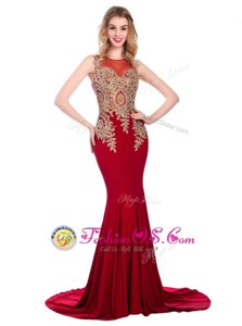 Great Scoop Sleeveless Brush Train Side Zipper With Train Lace and Appliques Evening Wear
