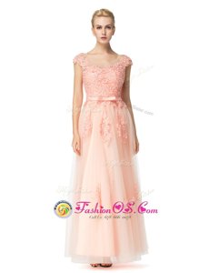 Peach Scoop Neckline Lace Prom Party Dress Cap Sleeves Zipper