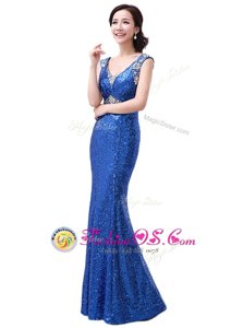 Sequins Floor Length Royal Blue Dress for Prom V-neck Sleeveless Zipper