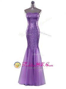 Sexy Eggplant Purple Mermaid Strapless Sleeveless Sequined Floor Length Zipper Sequins Formal Evening Gowns