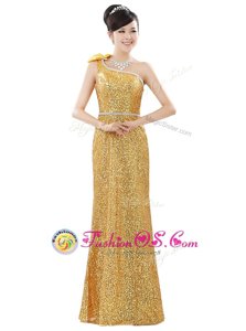 One Shoulder Gold Sleeveless Beading and Sequins Floor Length Prom Dress