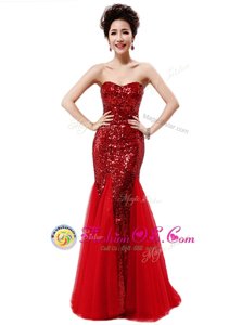 Mermaid Strapless Sleeveless Prom Dress Sequins Wine Red Sequined