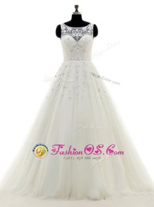 Smart Scoop Sleeveless Wedding Gown With Brush Train Lace and Appliques White Tulle