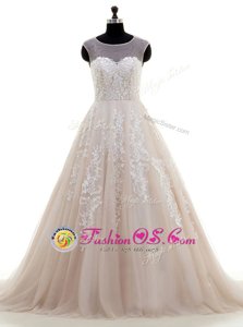 Beautiful Scoop Peach Cap Sleeves Brush Train Lace and Appliques With Train Wedding Dress