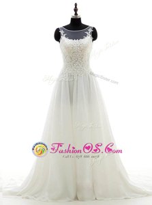 Cheap White Clasp Handle Scoop Lace Wedding Dress Chiffon Sleeveless Brush Train