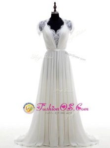 Ideal Short Sleeves With Train Lace Clasp Handle Wedding Gown with White Brush Train