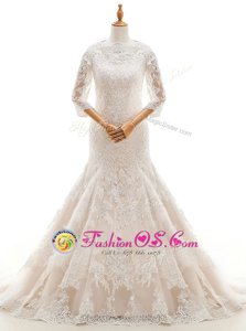 Mermaid Lace Ruffled With Train White Wedding Dress High-neck 3|4 Length Sleeve Court Train Clasp Handle