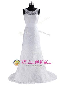 Scoop White Column/Sheath Lace Scalloped Sleeveless Lace and Appliques and Bowknot With Train Backless Wedding Dresses Brush Train