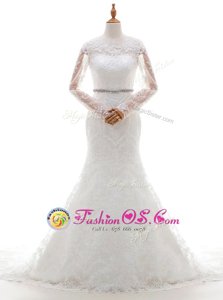 Pretty Scoop Lace With Train Mermaid Long Sleeves White Bridal Gown Brush Train Clasp Handle