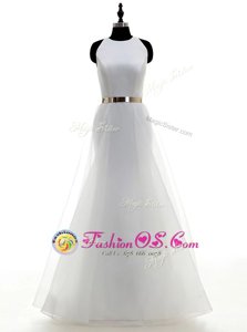 White Column/Sheath Organza Scoop Sleeveless Ruching and Belt Floor Length Zipper Wedding Dresses