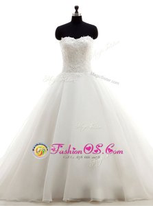 Lovely Sleeveless With Train Beading and Lace Clasp Handle Bridal Gown with White Brush Train