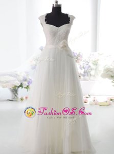 Luxurious Tulle Square Sleeveless Side Zipper Lace and Hand Made Flower Bridal Gown in White