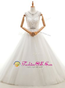 Edgy Brush Train Ball Gowns Wedding Gown White Scoop Tulle Sleeveless With Train Clasp Handle