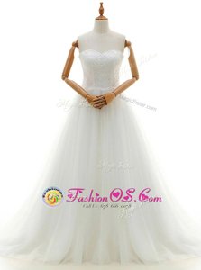 Enchanting Tulle Sleeveless With Train Wedding Gown Brush Train and Lace