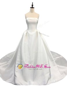 Unique Ruching Wedding Gown White Zipper Sleeveless With Brush Train