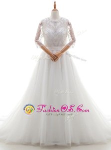 New Arrival Scoop White Organza Clasp Handle Wedding Gown 3|4 Length Sleeve With Brush Train Beading and Lace