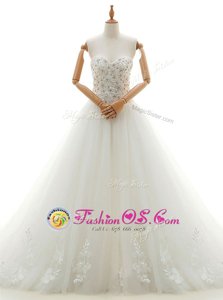 Sleeveless Chapel Train Beading and Appliques Lace Up Wedding Gown