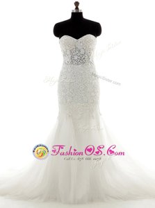 Latest White Zipper Wedding Gown Lace Sleeveless With Train Court Train