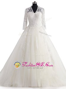 Spectacular With Train Zipper Bridal Gown White and In for Wedding Party with Appliques Brush Train