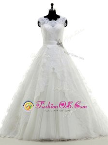 Scoop Sleeveless Brush Train Beading and Lace and Appliques Clasp Handle Wedding Dresses
